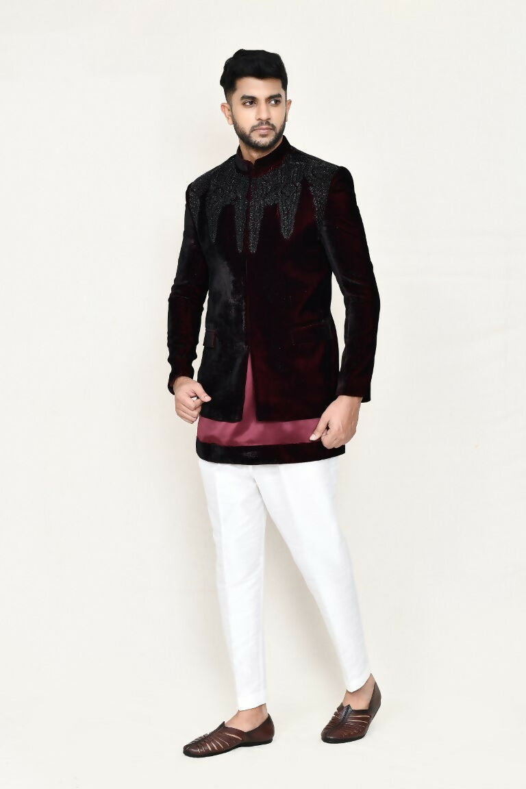 Joban Fashion Maroon Colored Satin Silk Fabric Open Prince Coat, Kurta With Straight Fit Pant