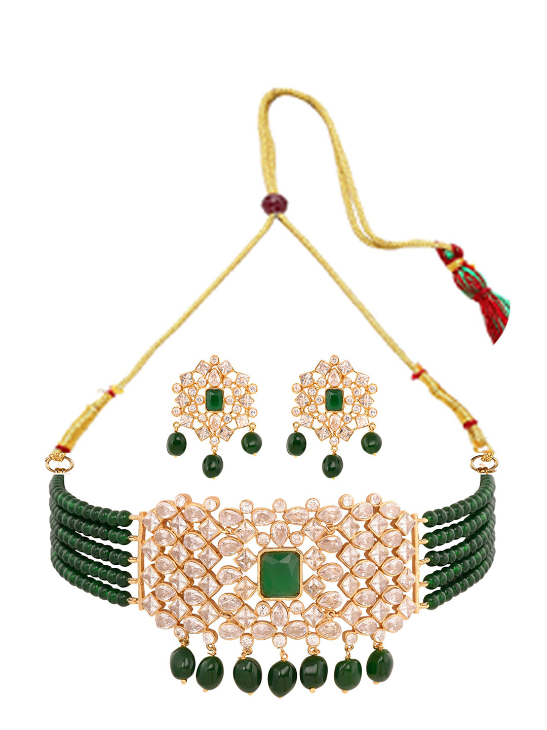 Saraf RS Jewellery Gold-Polished White & Green American Diamond Studded Choker Jewellery Set