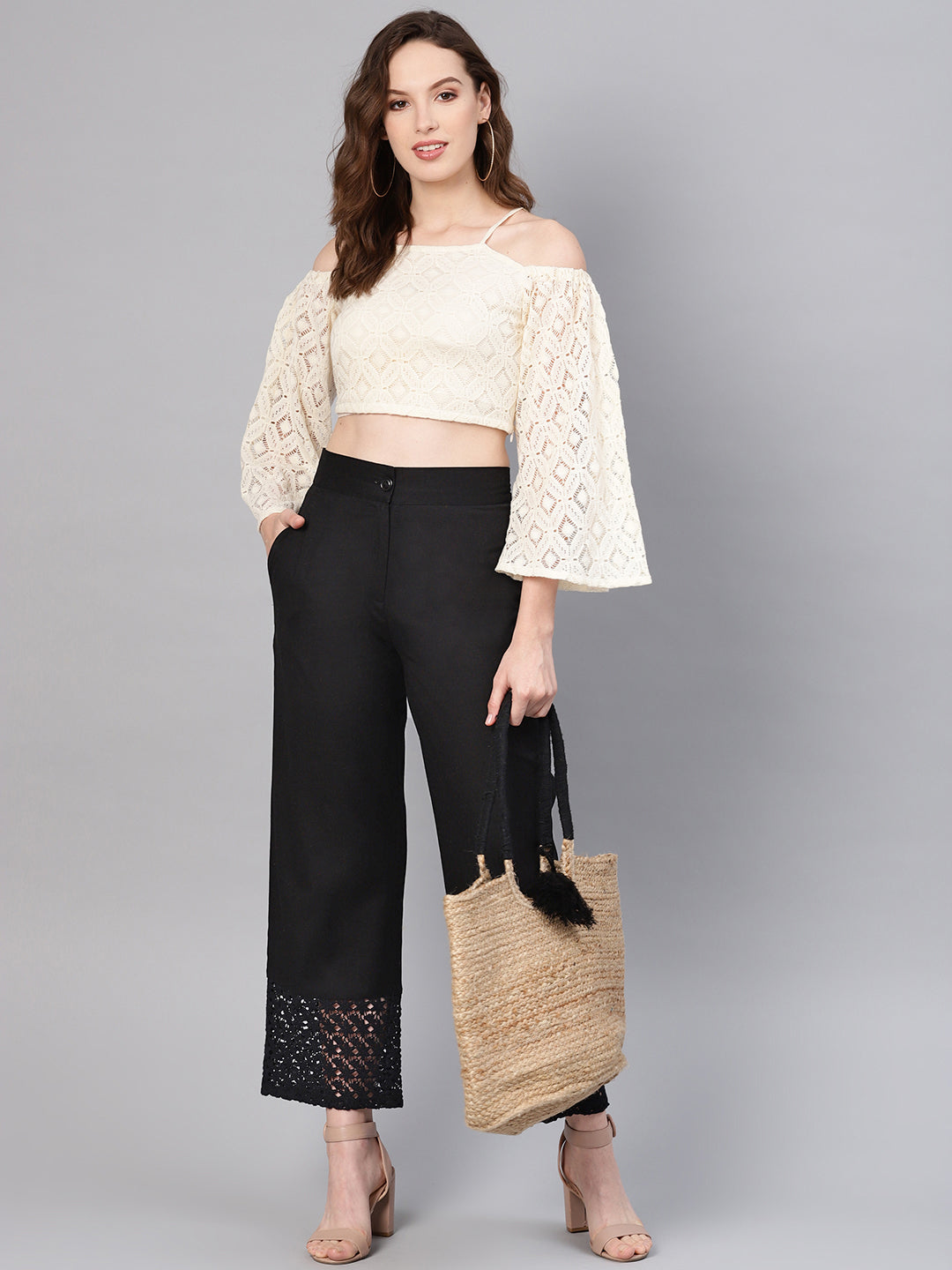 Juniper Women Black Cotton Flex Solid Wide Leg Palazzo