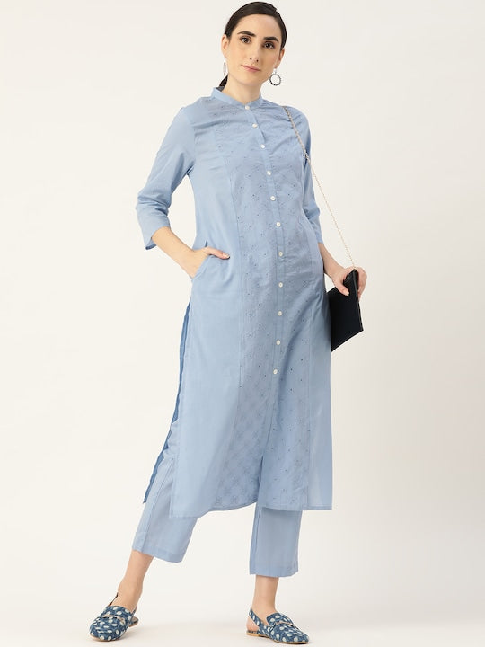Anouk Women Blue Ethnic Motifs Embroidered Panelled Pure Cotton Kurta with Trousers