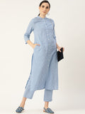 Anouk Women Blue Ethnic Motifs Embroidered Panelled Pure Cotton Kurta with Trousers