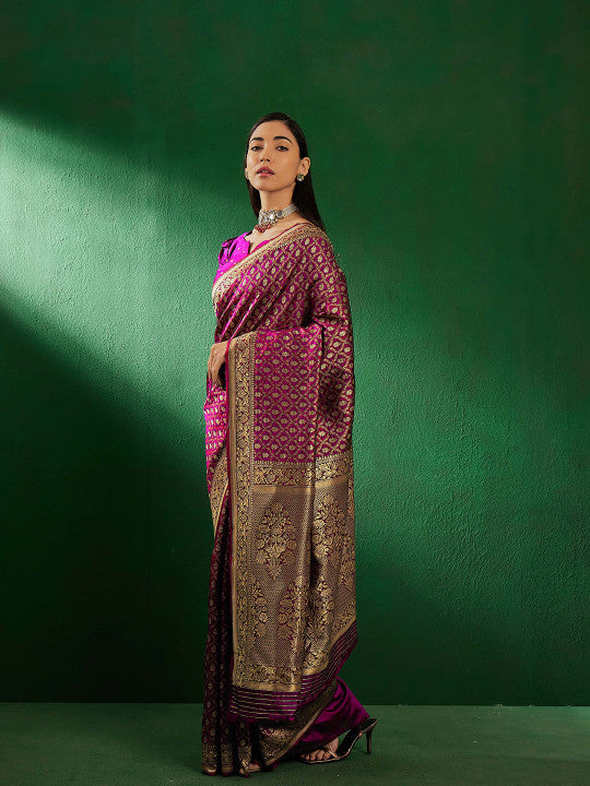Sangria Pink Ethnic Motifs Woven Design Zari Banarasi Saree