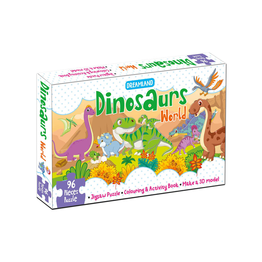 Dreamland Publications Dinosaurs World Jigsaw Puzzle for Kids – 96 Pcs | With Colouring & Activity Book and 3D Model