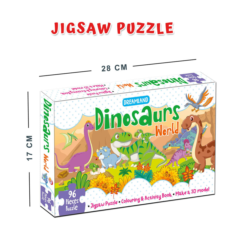 Dreamland Publications Dinosaurs World Jigsaw Puzzle for Kids – 96 Pcs | With Colouring & Activity Book and 3D Model