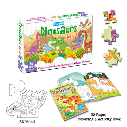 Dreamland Publications Dinosaurs World Jigsaw Puzzle for Kids – 96 Pcs | With Colouring & Activity Book and 3D Model