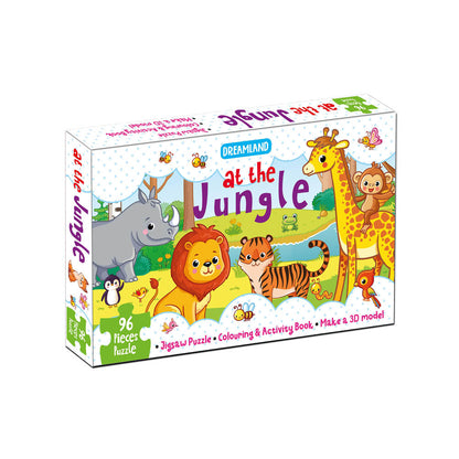 Dreamland Publications At the Jungle Jigsaw Puzzle for Kids – 96 Pcs | With Colouring & Activity Book and 3D Model
