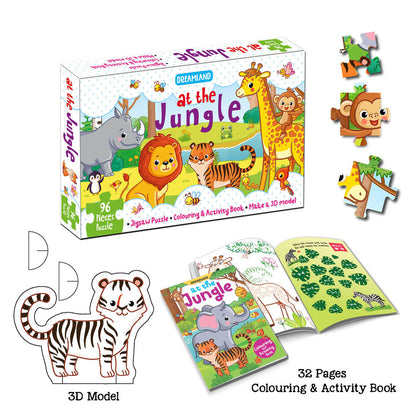 Dreamland Publications At the Jungle Jigsaw Puzzle for Kids – 96 Pcs | With Colouring & Activity Book and 3D Model