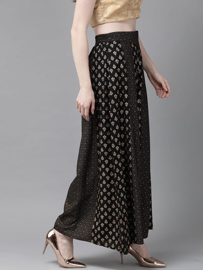Juniper Women Black Rayon Printed Flared Palazzo