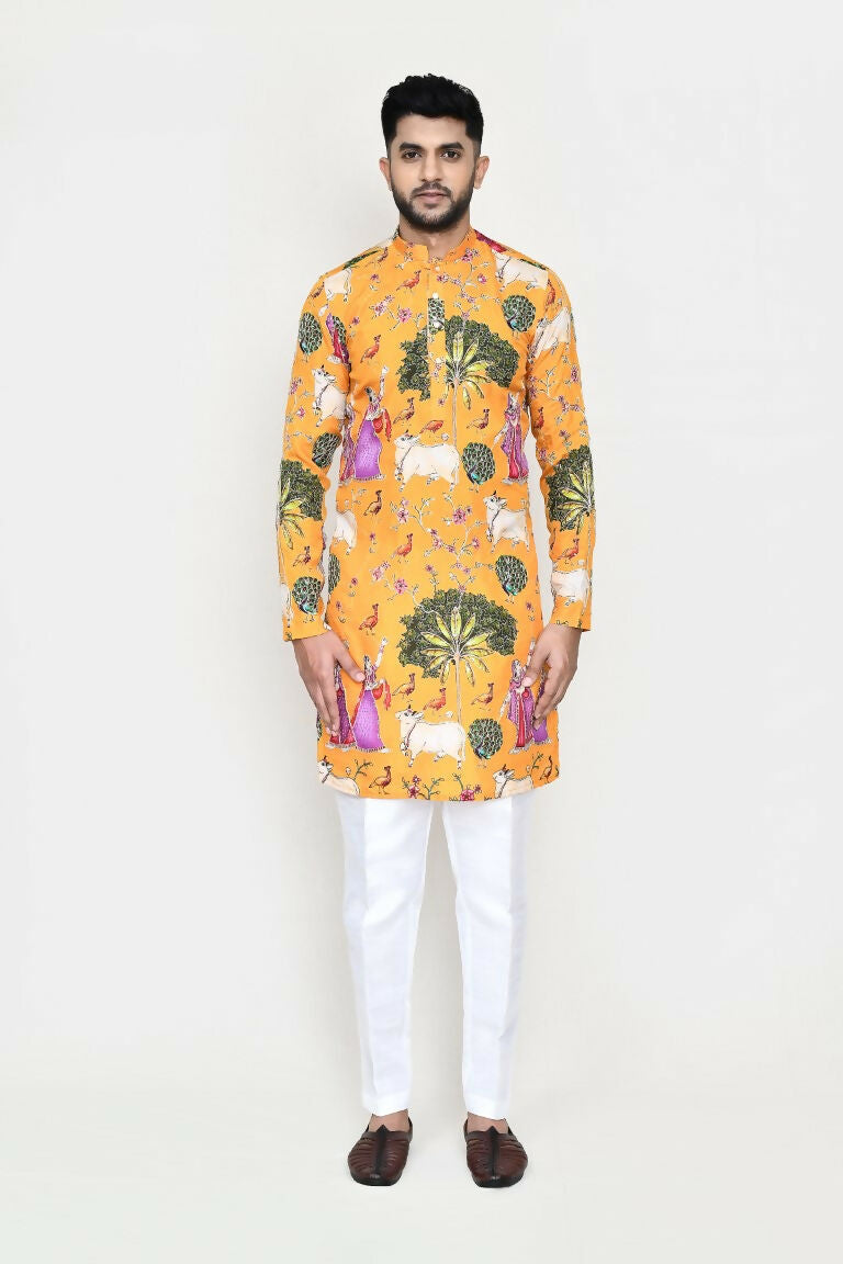 Joban Fashion White Colored Rayon Based With Modal Hand Print Work Fabric Kurta,Straight Fit Pant
