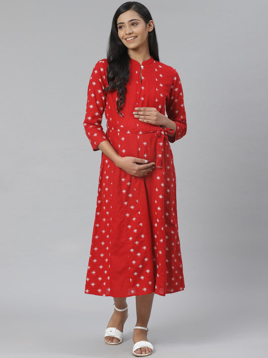 Anayna Women Red & White Printed Pure Cotton Maternity A-Line Dress