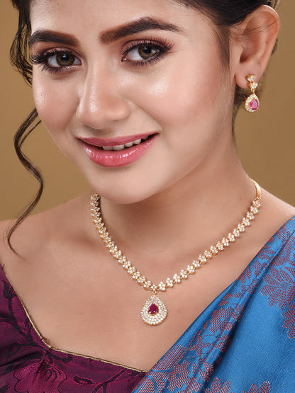 Saraf RS Jewellery Gold-Polished White & Red American Diamond Studded & Beaded Handcrafted Jewellery Set
