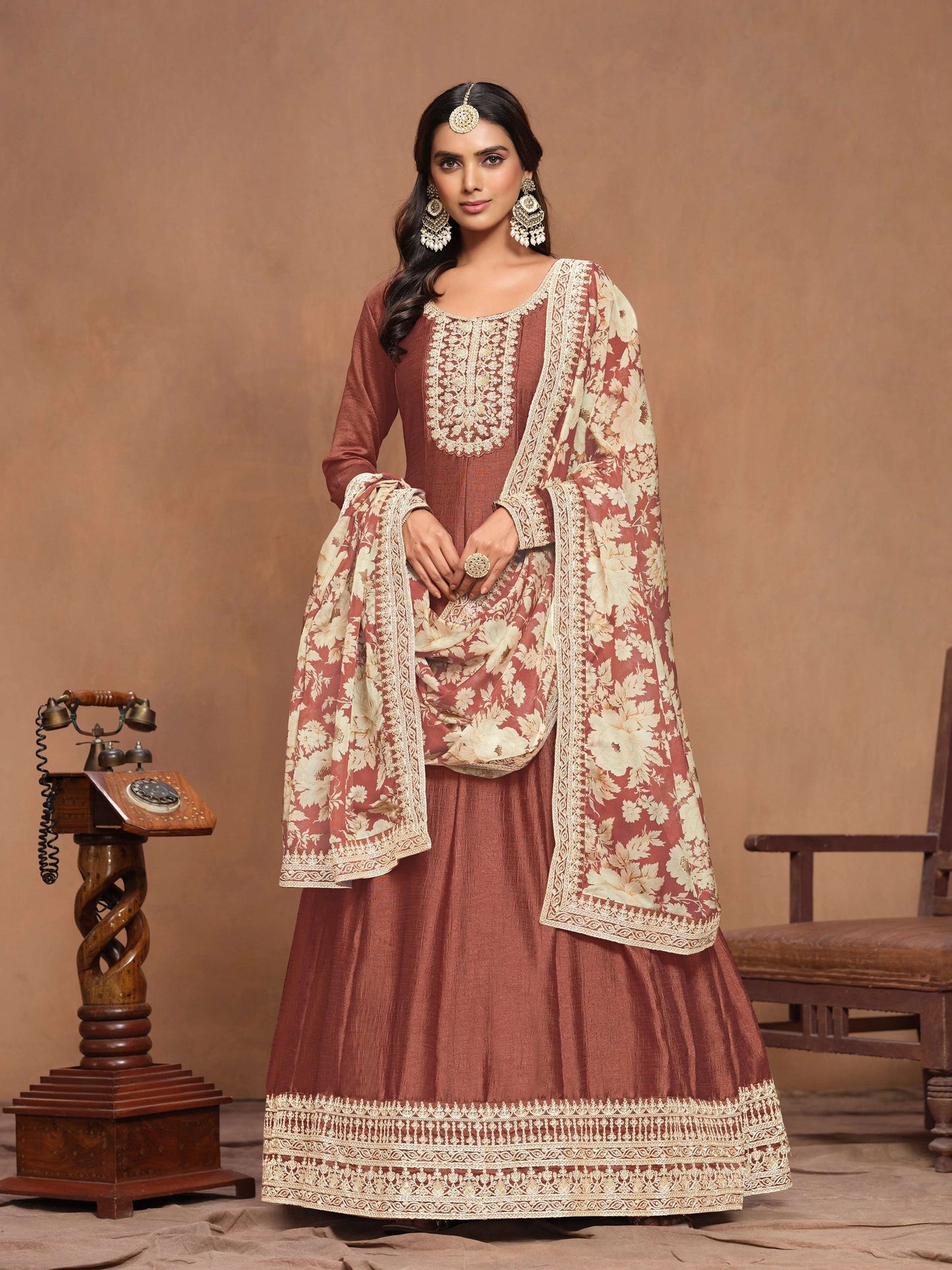 Anaita Coffee Embroidered Art Silk Anarkali Suit
