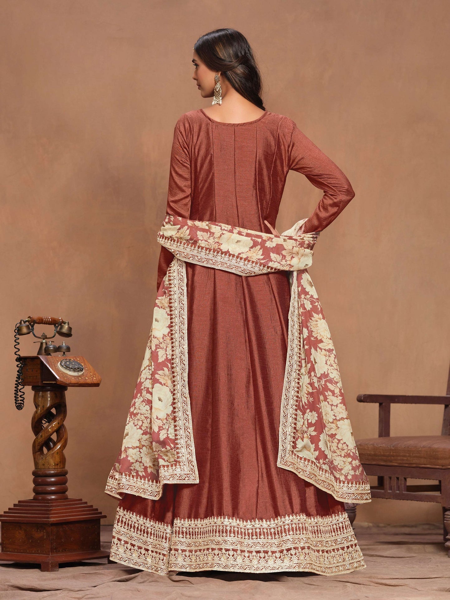 Anaita Coffee Embroidered Art Silk Anarkali Suit