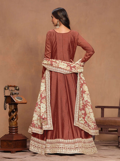 Anaita Coffee Embroidered Art Silk Anarkali Suit