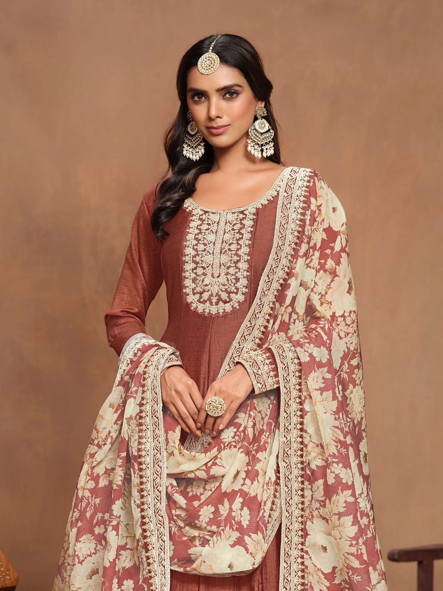 Anaita Coffee Embroidered Art Silk Anarkali Suit