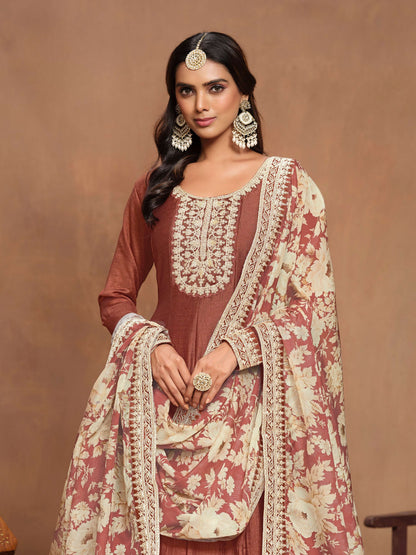 Anaita Coffee Embroidered Art Silk Anarkali Suit