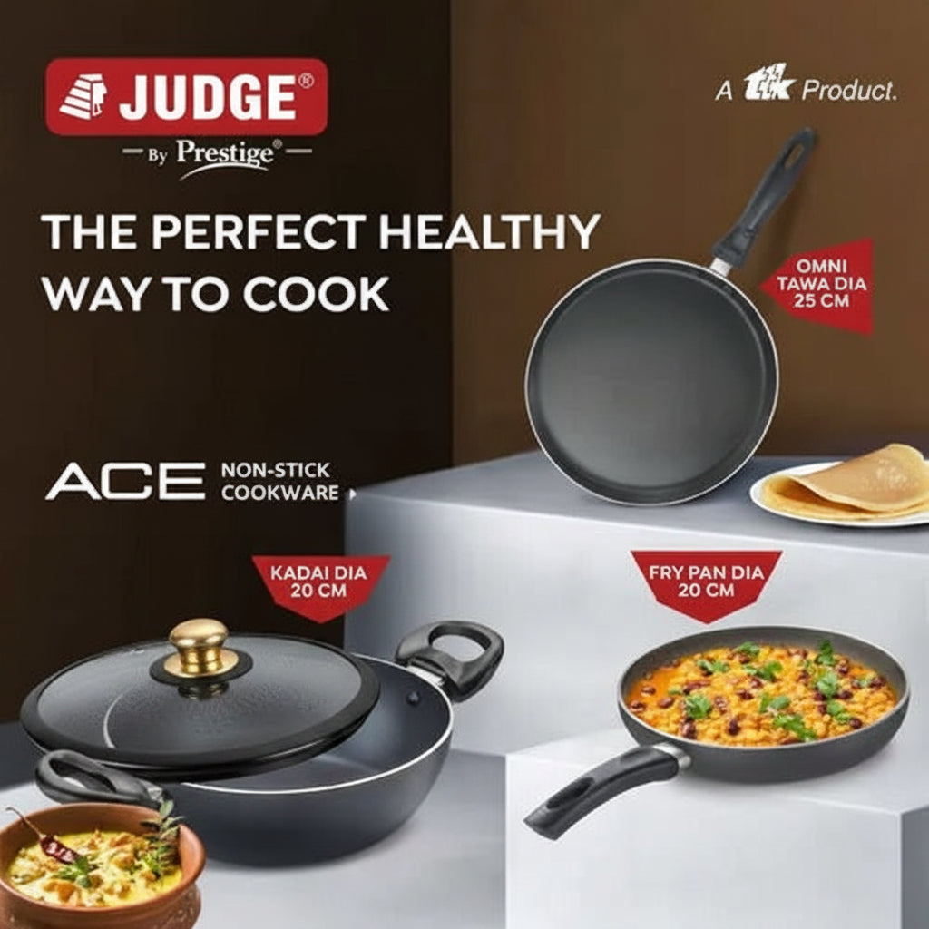 Judge by Prestige Ace Non-Stick BYK Set 20cm Kadai+Glass Lid+Frypan+Omni Tawa+3 Nylon Tools
