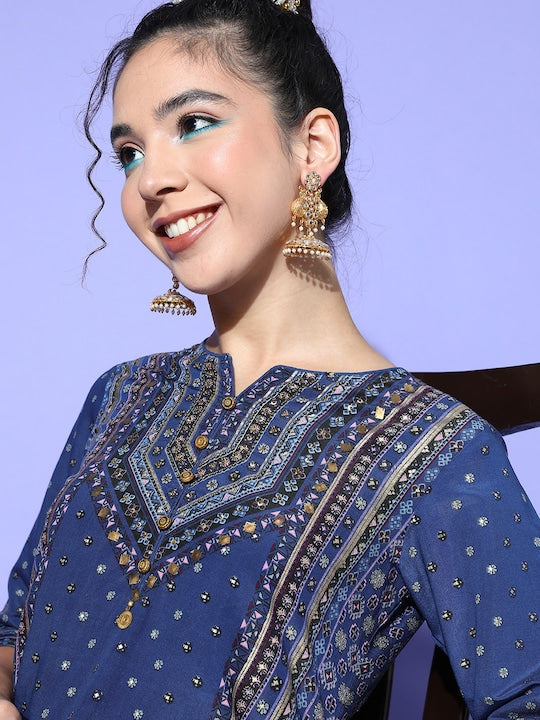 Juniper Women Navy Blue Silk Print Mix Kurta