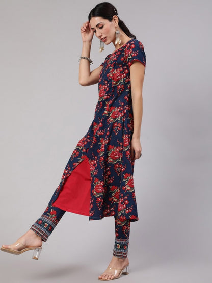Aks Floral Printed Round Neck A-Line Kurta