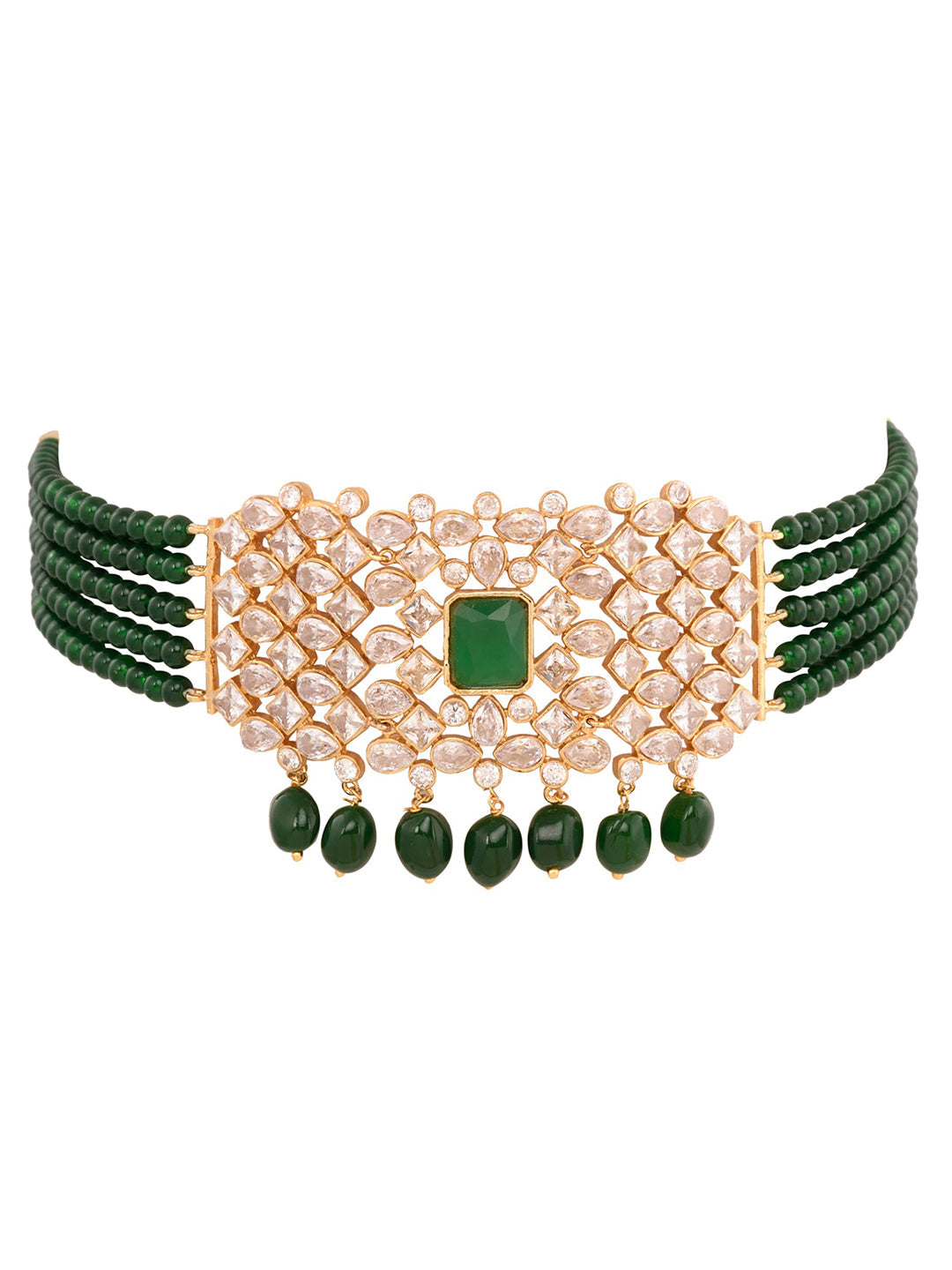 Saraf RS Jewellery Gold-Polished White & Green American Diamond Studded Choker Jewellery Set