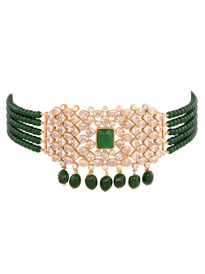 Saraf RS Jewellery Gold-Polished White & Green American Diamond Studded Choker Jewellery Set