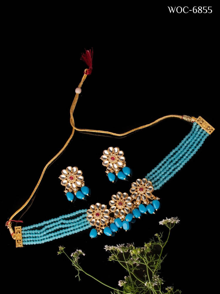 Mominos Fashion Johar Kamal Women's Sky Blue Beads Pearls Gold-Polished Jewellery Set