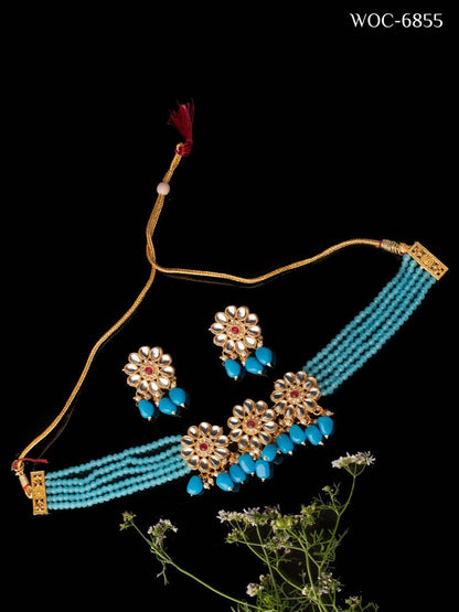 Mominos Fashion Johar Kamal Women's Sky Blue Beads Pearls Gold-Polished Jewellery Set