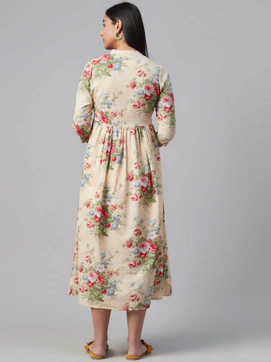 Anayna Women Beige & Pink Floral Print Maternity A-Line Dress