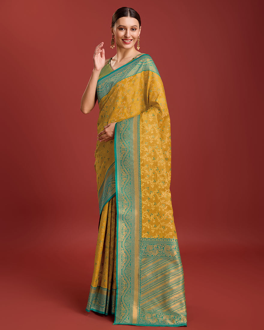 Monjolika Fashion Glamour And Tradition With This Mustard Color Zari Woven Banarasi Tissue Silk Saree
