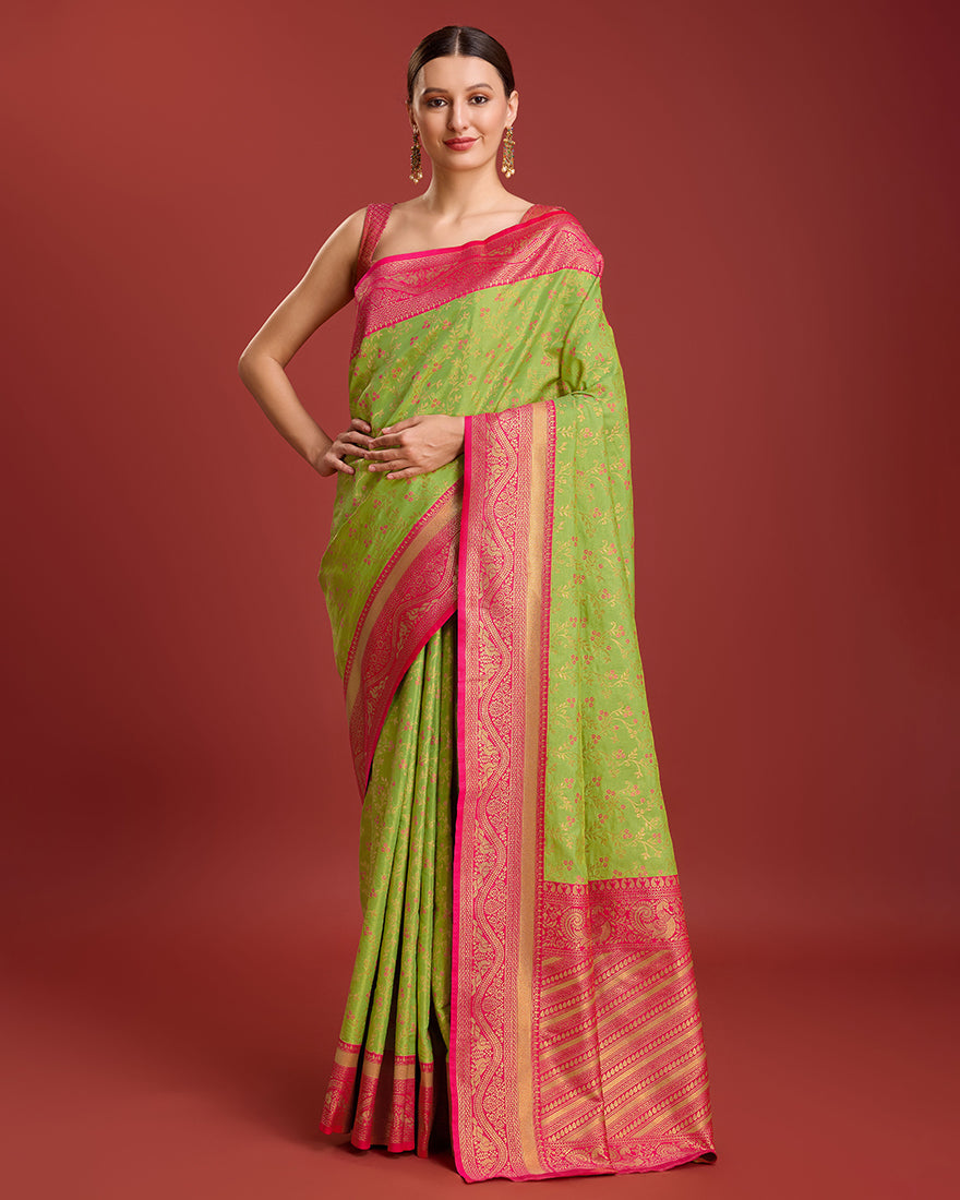 Monjolika Fashion Glamour And Tradition With This Parrot Green Color Zari Woven Banarasi Tissue Silk Saree