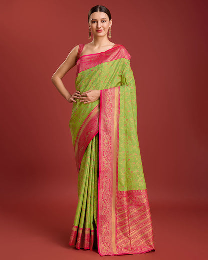 Monjolika Fashion Glamour And Tradition With This Parrot Green Color Zari Woven Banarasi Tissue Silk Saree
