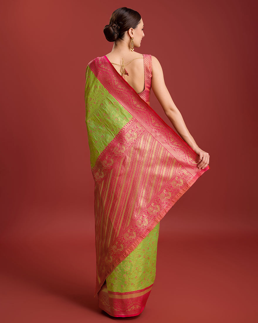 Monjolika Fashion Glamour And Tradition With This Parrot Green Color Zari Woven Banarasi Tissue Silk Saree