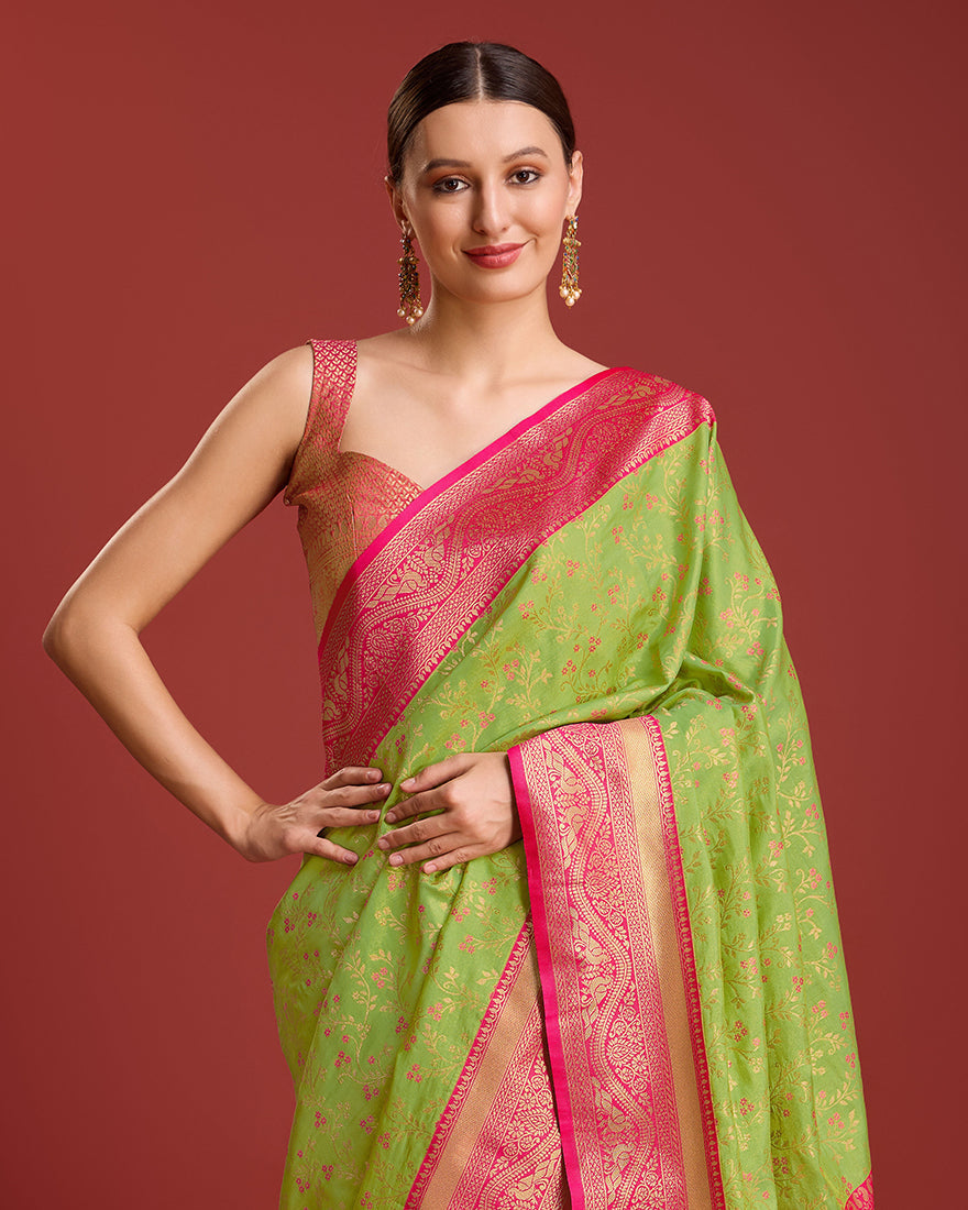 Monjolika Fashion Glamour And Tradition With This Parrot Green Color Zari Woven Banarasi Tissue Silk Saree