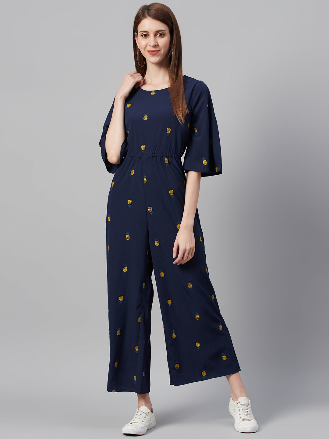 Juniper Women Darkblue Micro Poly Embroidered Regular Jumpsuit