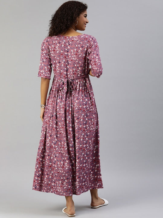 MomToBe Mauve Floral Printed Maternity Nursing Maxi Dress