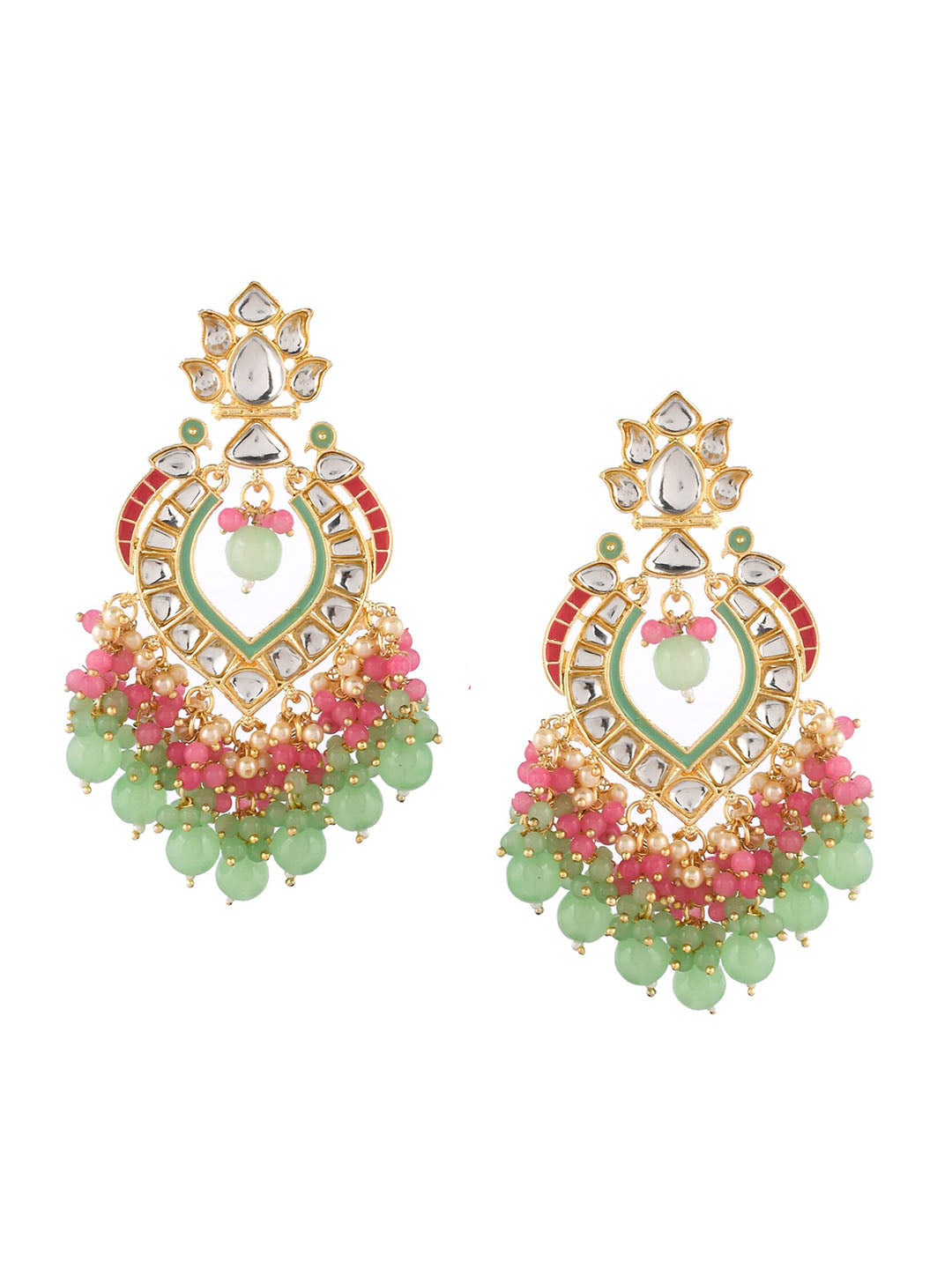 Shoshaa Gold-Polished Green & Pink Enamel Kundan-Studded Drop Earrings