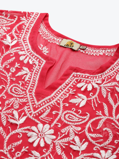 ADA Women Carrot Pink & White Floral Hand Embroidered Chikankari Handloom Kurta & Matching slip