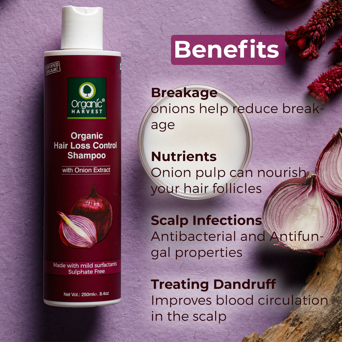Organic Harvest Organic Hair Loss Control Shampoo With Onion Extract - 250 ml
