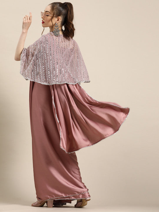 Tikhi Imli Trendy Mauve Sleek Poly Crepe Saree with Embellished Border & Cape