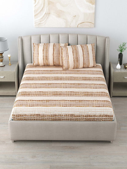DREAM WEAVERZ Beige & Brown Striped Pure Cotton 220 TC King Bedsheet With 2 Pillow Covers