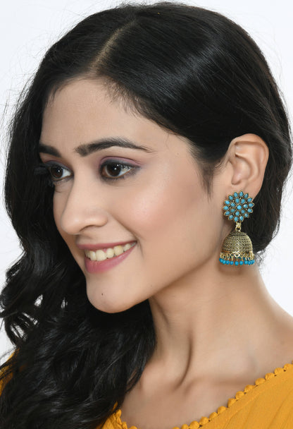 Mominos Fashion Johar Kamal Beautiful Kundan Work Jhumka With Sky Blue Beads