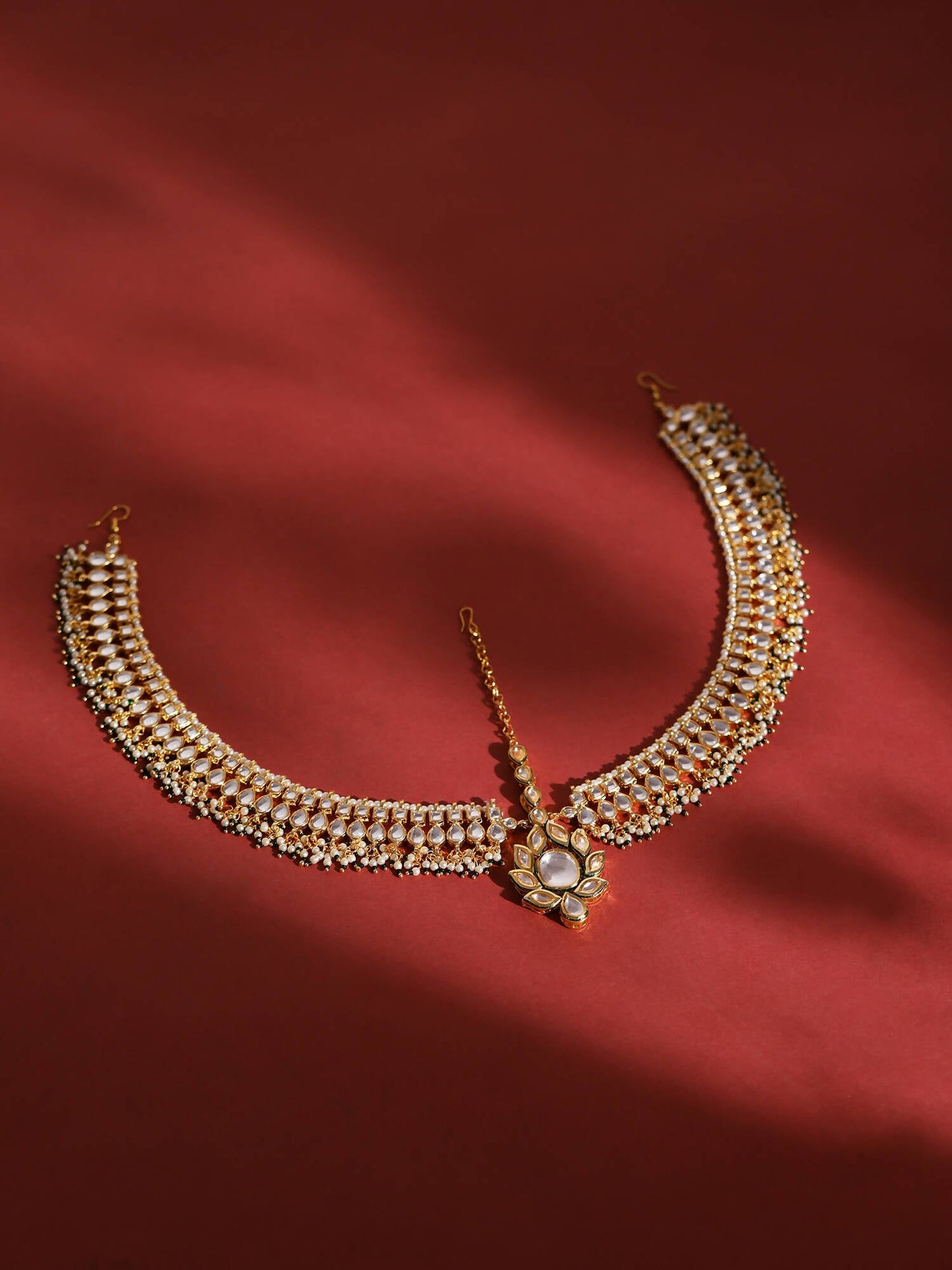 Gold-Polished Green White Kundan-Studded Beaded Matha Patti - Ruby Raang