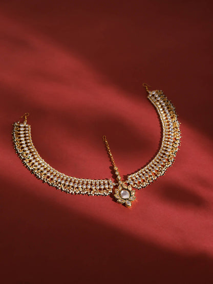 Gold-Polished Green White Kundan-Studded Beaded Matha Patti - Ruby Raang