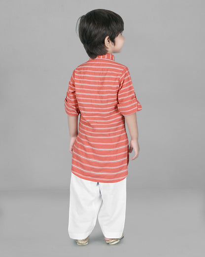 Joban Fashion Kids Island Cotton Full Sleeves Striped Kurta and Pyjama- Peach