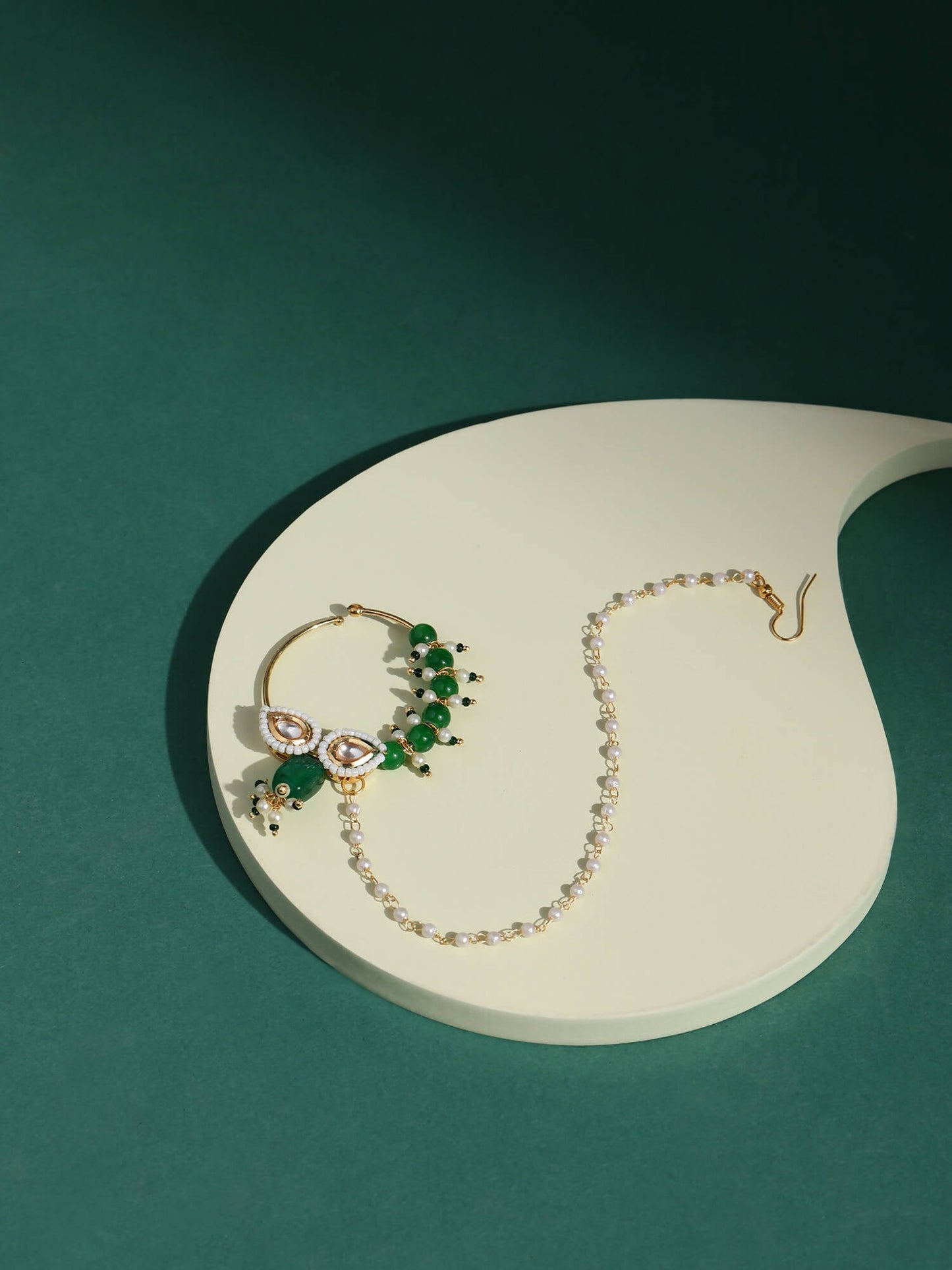 Gold-Polished White Green Kundan Studded Beaded Chain Nose Pin - Ruby Raang