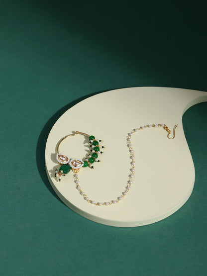Gold-Polished White Green Kundan Studded Beaded Chain Nose Pin - Ruby Raang