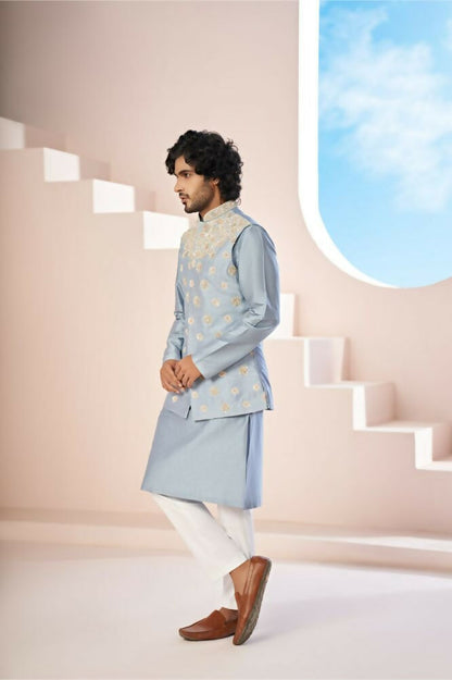 A Powder Blue Floral Hand Embroidered Nehru Jacket by Hilo Design