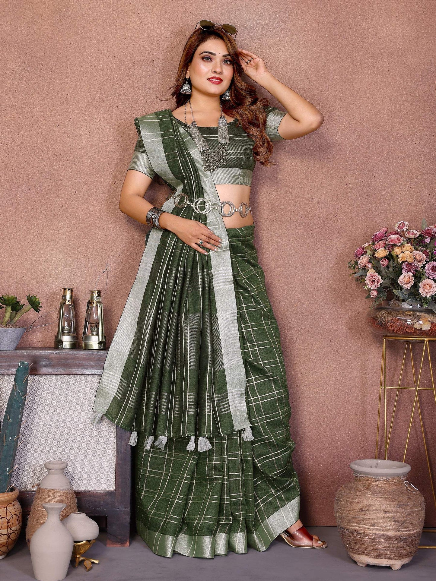 Anaita Green Weaving Linen Cotton Saree With Blouse
