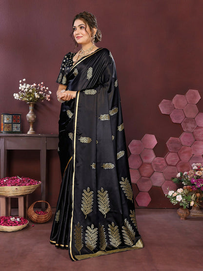 Joban Fashion Black Floral Motifs Banarasi Silk Sarees