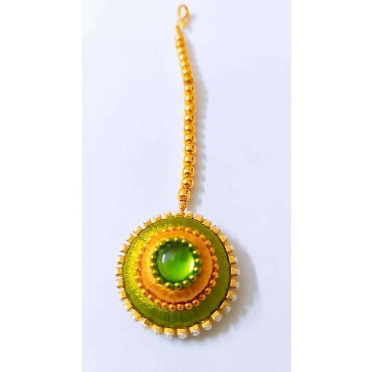 Green and Gold Silk Threaded Necklace Set with Earrings and Maang Tika